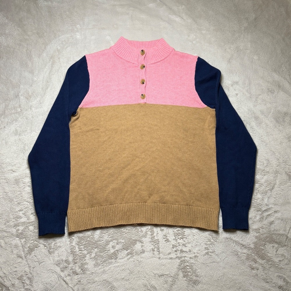 J.Crew Colorblock Sweater Womens M Cotton Pullover Button Mock Neck Preppy